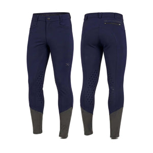 Navy men's breeches with knee-only silicone grip and mid-rise close fit for equestrian performance