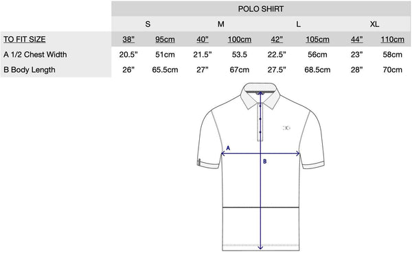  Gallant Equestrian Mens Equestrian Polo Shirt sizing chart with measurements for chest width and body length in sizes S to XL.