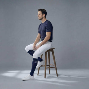 Navy and black men's riding socks with reinforced heel and toe, designed for comfort and support
