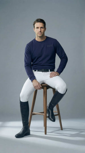 Navy mens sweatshirt in slim fit made from loop-backed cotton and spandex for warmth and comfort