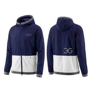 Navy men's equestrian rain jacket with slim fit, asymmetrical zip, and elasticated hood