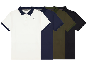 Four polo shirts in white, navy, olive, and black arranged in a row on a white background.