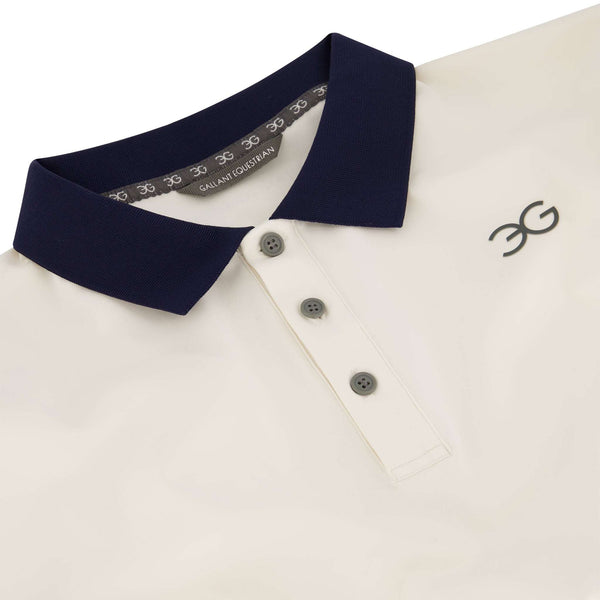 Gallant Equestrian Mens Equestrian Polo Shirt with contrast navy collar and cuffs, tailored slim fit, lightweight and breathable.