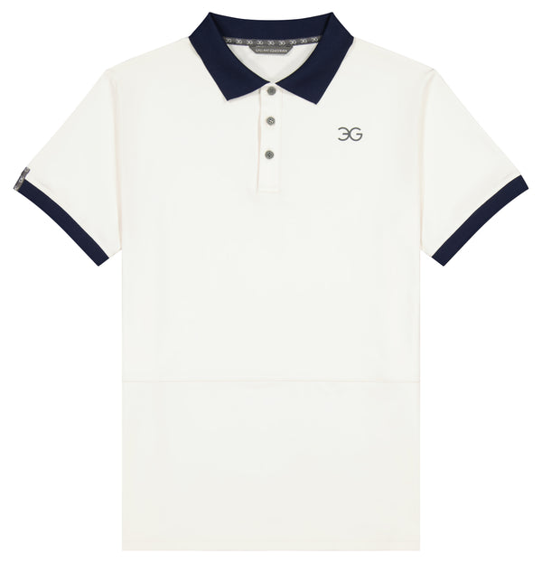 Gallant Equestrian Mens Equestrian Polo Shirt in bone with navy contrast collar and cuffs, tailored slim fit.