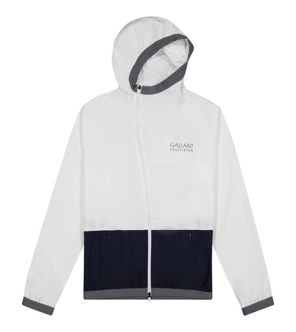 Gallant Equestrian Lightweight Mens Equestrian Rain Jacket with asymmetrical zip and elastic hood, shown in white and navy.