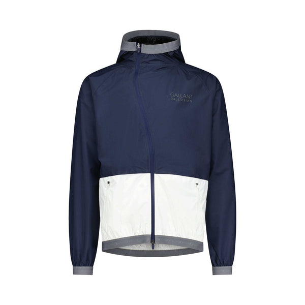 Gallant Equestrian Mens Equestrian Rain Jacket with asymmetrical zip and elastic cuffs in navy and bone deal for activewear and riding.