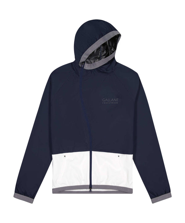 Gallant Equestrian Mens Equestrian Rain Jacket in navy and bone with asymmetrical zip and elastic hood, cuffs, and waistband.