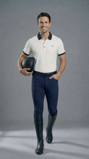 Men's equestrian polo shirt in bone color, slim fit, breathable recycled polyester and Lycra blend.