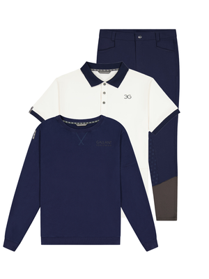 Winter Layers Kit with navy riding breeches, white polo tee, and navy sweatshirt for men