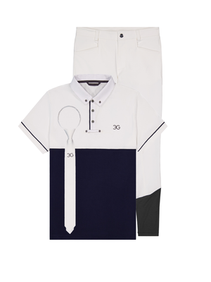 Equestrian Show outfit with white and navy show shirt, tie, and white breeches on a white background