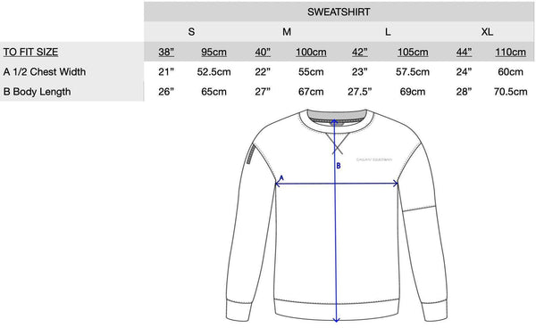 Size chart and design illustration of Gallant Equestrian Mens Sweatshirt in classic loop-backed cotton fabric.