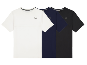 Three t-shirts in white, navy, and black with a brand logo on a white background