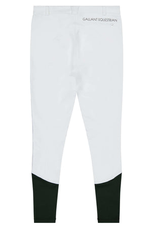 Men's competition breeches with knee silicone grip for equestrian riding, featuring mid-rise fit and deep pockets