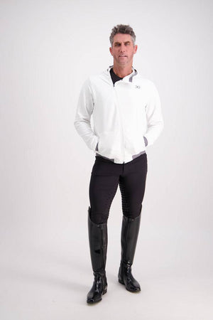 Man wearing the Gallant Equestrian Mens Equestrian Hoodie with asymmetrical zip, paired with riding attire.