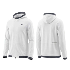 White mens equestrian hoodie with asymmetrical zip and elastic webbing hood for riding comfort
