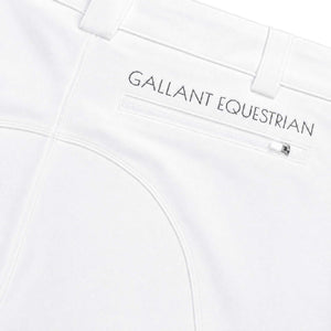 Men's competition riding breeches with knee-only silicone grip, mid-rise fit, French fly closure, and deep pockets for male equestrians