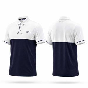 White and navy men's show shirt with button-down collar and slim fit for equestrian competition