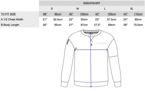 Gallant Equestrian Mens Sweatshirt size chart and design layout, available in sizes S to XL.