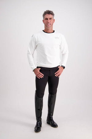 Gallant Equestrian Mens Sweatshirt in white, slim fit, worn with black jodhpur pants.