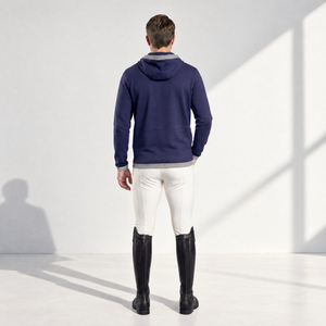 Equestrian Mens Hoodie in navy cotton-blend fabric, with a hood, long sleeves and a clean, plain design.