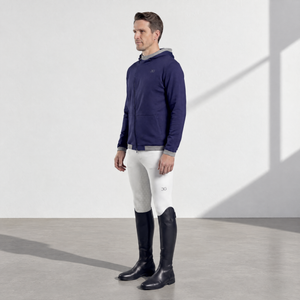 Navy cotton Equestrian Mens Hoodie with a slim fit, hood, and asymmetrical front zip.