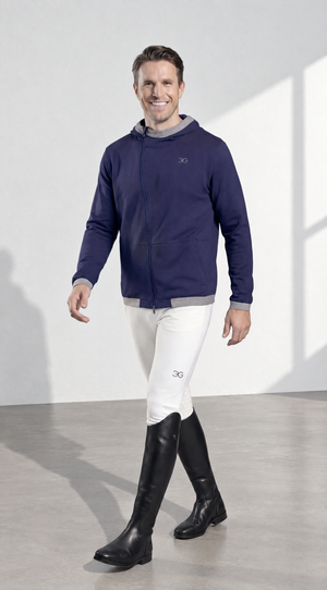 Equestrian Mens Hoodie in navy cotton-blend fabric, with a slim fit, hood, front pockets and asymmetrical zip detail.