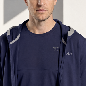 Navy Equestrian Mens Hoodie in soft cotton blend, worn open over a matching logo T-shirt with a grey-lined hood.