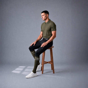 Mens riding socks in olive and black with reinforced heel and toe for comfort and durability
