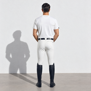 Mens Breeches in off-white stretch fabric with a smooth finish, close fit, and full-seat riding design, worn with tall black boots.