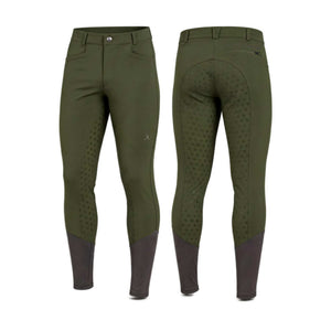 Olive men's full-seat breeches with mid-rise fit, full-seat grip, and zippered pockets for riding performance