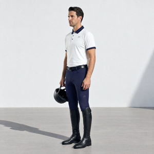 Mens Breeches in solid navy stretch fabric, full-length riding fit with dark knee patches and no visible pattern.