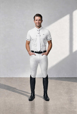 Mens Competition Tie in white, visible as a slim pre-knotted necktie with a polished finish worn over a white show shirt.