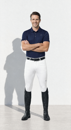 Mens breeches in bone in a recycled 4 way stretch nylon/spandex fabric with subtle brand logo on thigh 