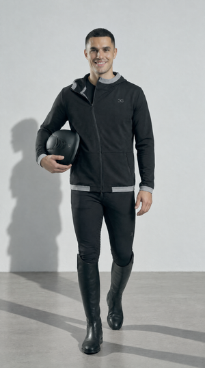 Mens Equestrian Hoodie in black, slim-fit stretch fabric with a full asymmetrical zip, hood and subtle chest logo.