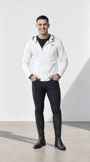 Mens Equestrian Hoodie in white, slim-fit cotton blend with hood, asymmetrical front zip, and subtle chest logo.