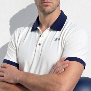 Mens Equestrian Polo Shirt in white with a navy collar and sleeve bands, featuring a button placket and chest logo.