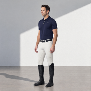 Navy Mens Equestrian Polo Shirt in smooth stretch fabric, with a classic collar, short sleeves and subtle chest logo.