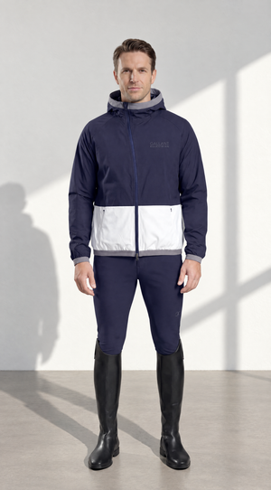 Mens Equestrian Rain Jacket in navy and white, lightweight polyester with a hood, full zip and colour-block design.