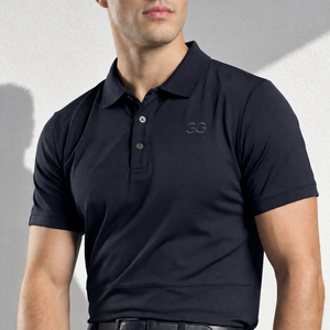 Mens Polo Shirt in black, smooth stretch fabric with a classic collar, two-button placket and subtle chest logo.