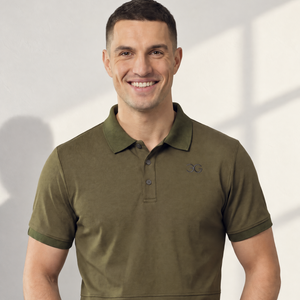 Mens Polo Shirt in olive green stretch fabric, featuring a classic collar, short sleeves, three-button placket and subtle chest logo.