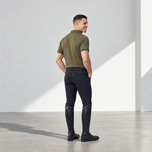 Mens Polo Shirt in olive green stretch fabric, featuring a short-sleeved cut, folded collar and subtle tonal trim.