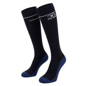 Mens Riding Socks in black with navy reinforced heel and toe, knee-high with subtle white logo and stripes near the cuff.