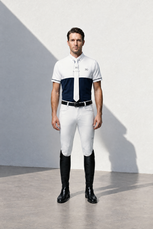 Mens Show Shirt in white with a navy chest panel, short sleeves, contrasting trim, and button-down collar.