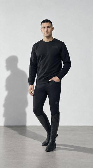 Mens Sweatshirt in plain black, with a crew neck, long sleeves and a small subtle chest logo on a slim-fit design.