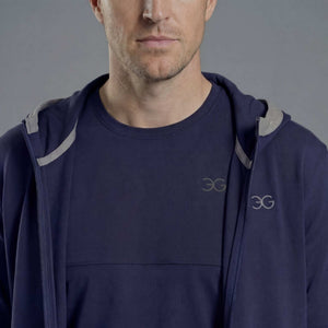 Navy equestrian mens hoodie with asymmetrical zip and elastic hood for riding and casual wear